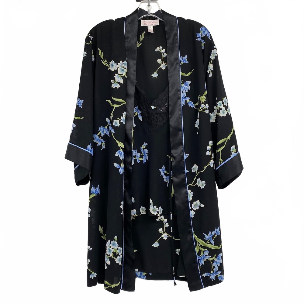Oscar de la Renta Black Blue Floral Sheer Robe | Womens S